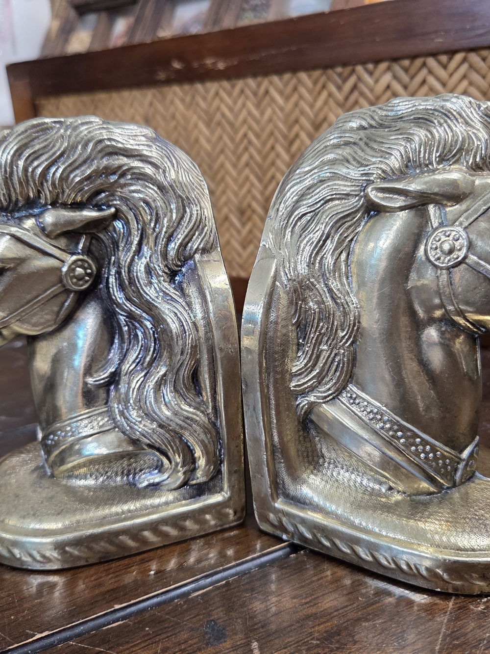 Vintage 1940s Pair of BMR Cast Bronze Horse Head Bookends